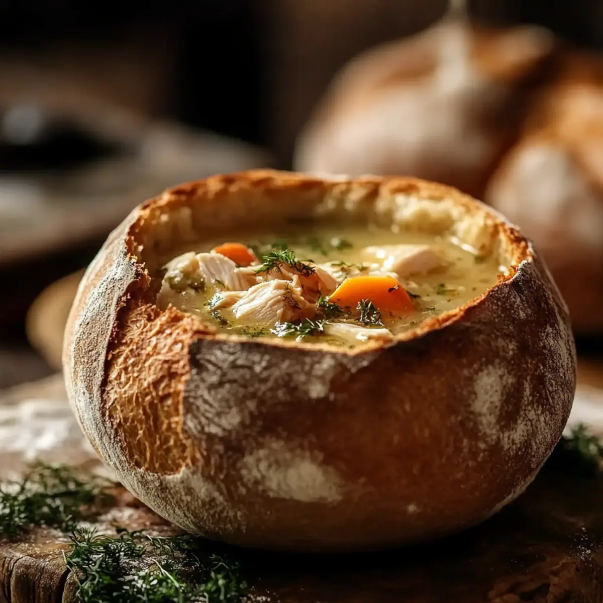 Hearty Cozy Winter Chicken Soup Served in a Bread Bowl 1