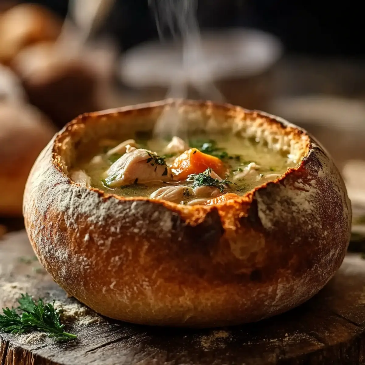 Hearty Cozy Winter Chicken Soup Served in a Bread Bowl 3